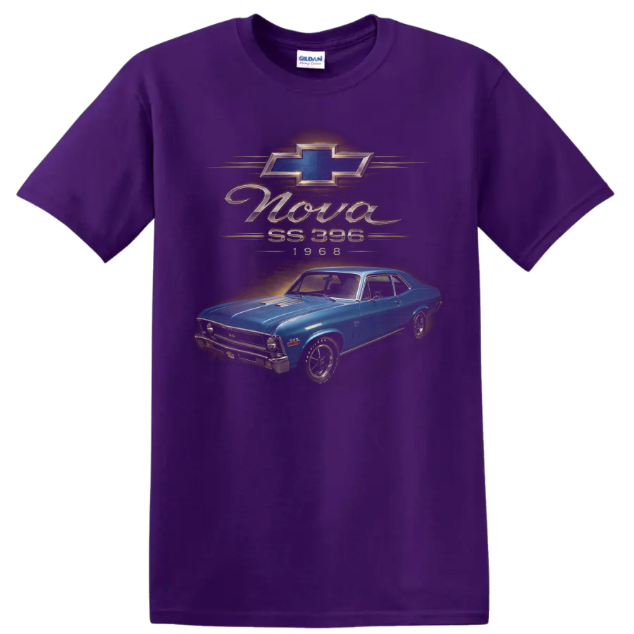 1968 Chevrolet Nova SS 396 blue vintage muscle car graphic on a Purple T Shirt