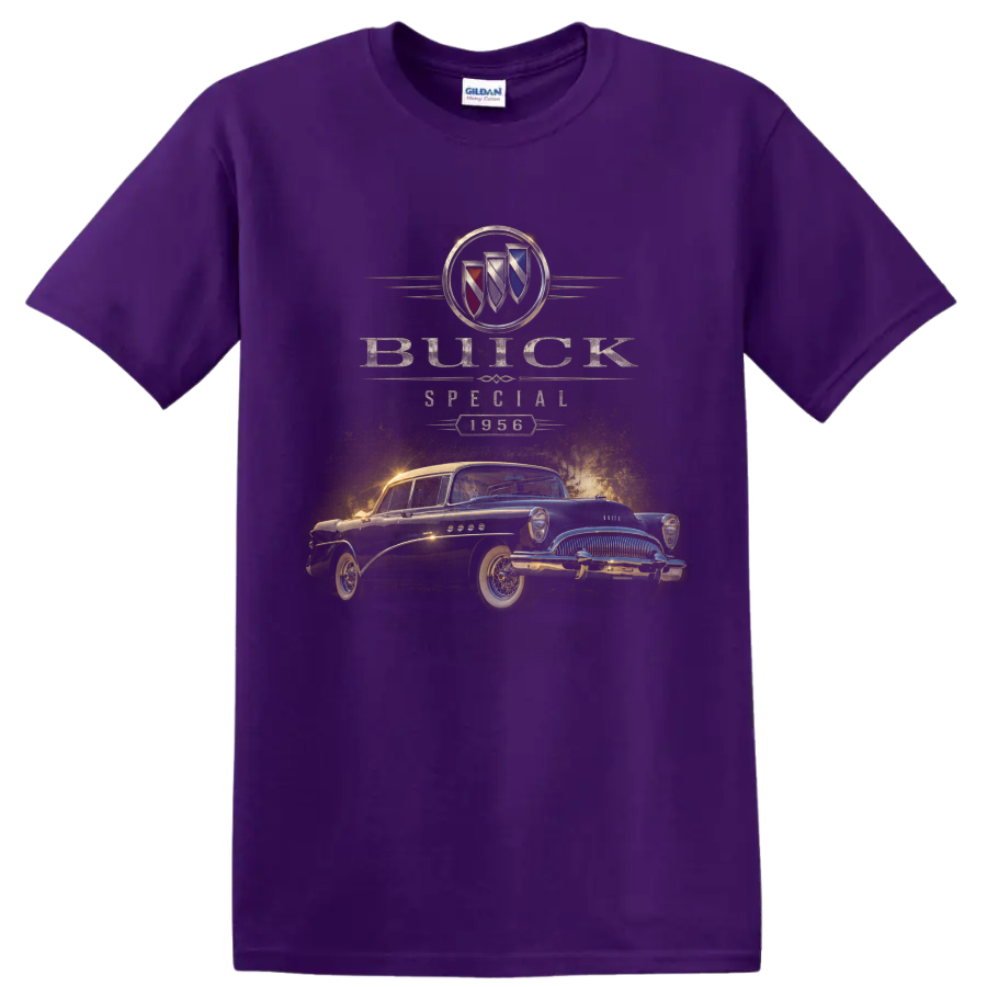 1956 Buick Special vintage classic car graphic with Buick crest on a Purple T Shirt
