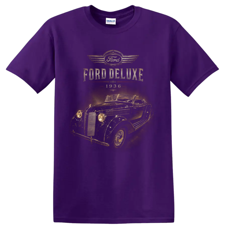 1936 Ford Deluxe vintage convertible with distressed Ford lettering on a Purple T Shirt
