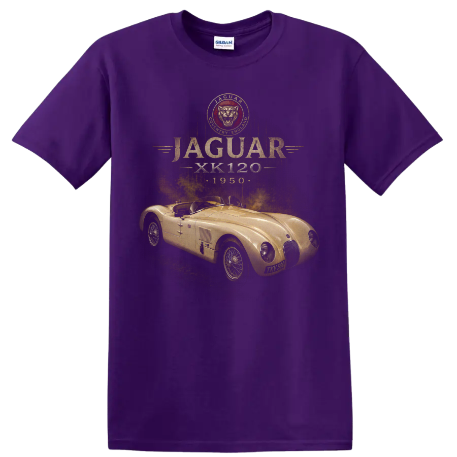 Vintage Jaguar XK120 1950 roadster graphic with distressed gold lettering on a Purple T Shirt