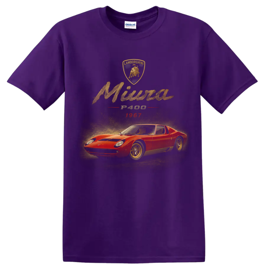 Lamborghini Miura P400 1967 vintage red sports car graphic on a Purple T Shirt