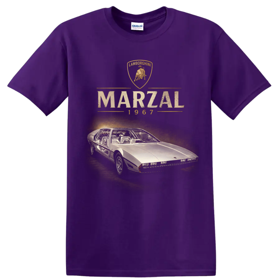 Vintage Lamborghini Marzal 1967 concept car graphic with crest and lettering on a Purple T Shirt