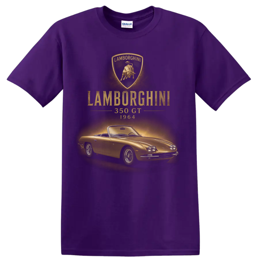 Lamborghini 350 GT 1964 vintage gold classic car graphic with crest on a Purple T Shirt
