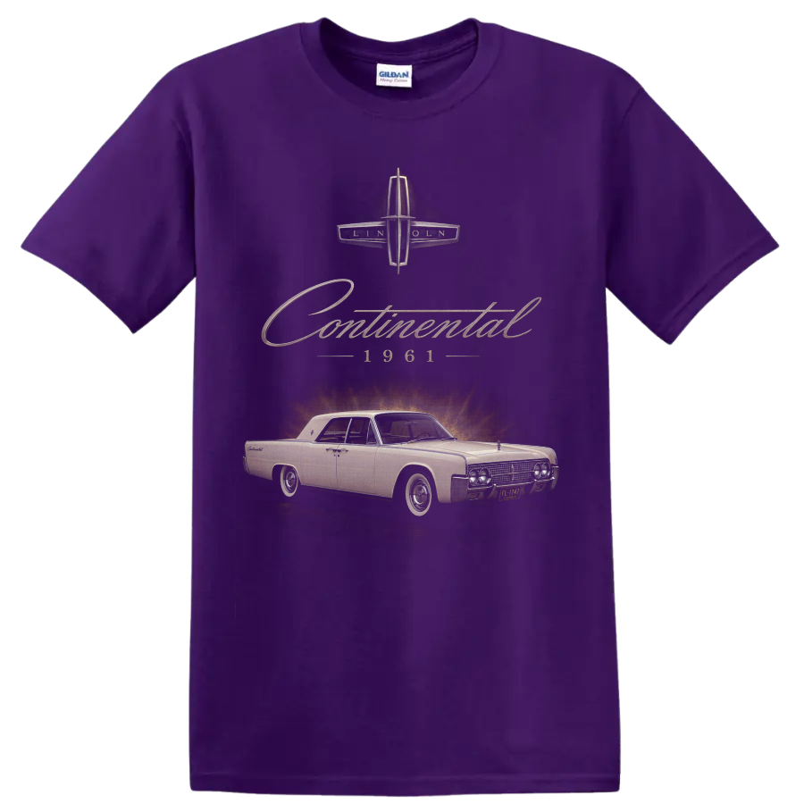 1961 Lincoln Continental vintage classic car graphic with script lettering on a Purple T Shirt