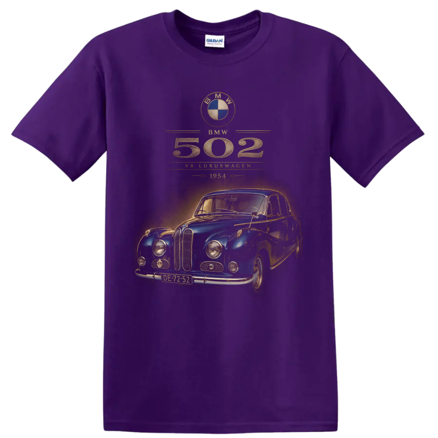 Vintage BMW 502 1954 blue classic car with distressed gold typography on a Purple T Shirt