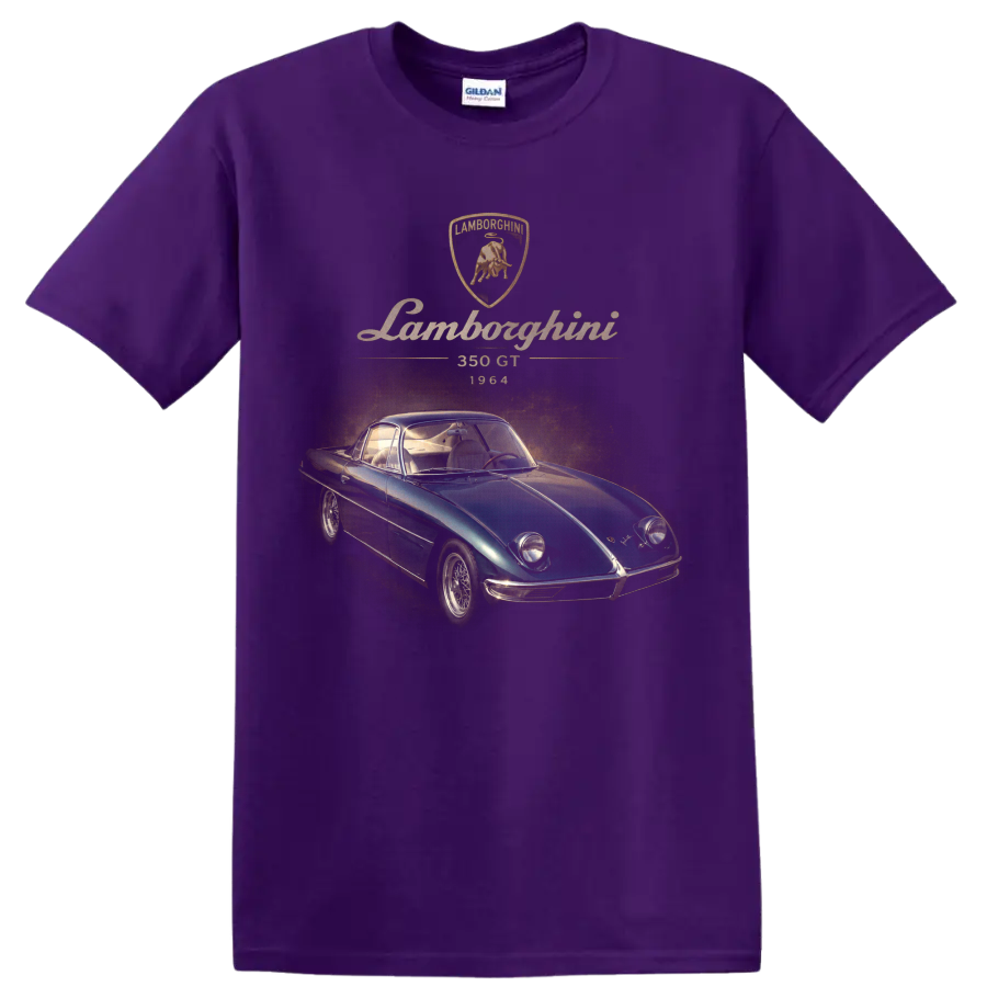 Lamborghini 350 GT 1964 vintage teal classic coupe graphic on a Purple T Shirt