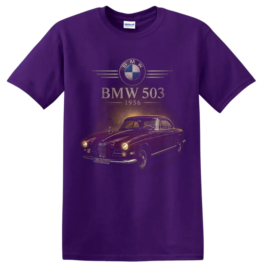 BMW 503 1956 red vintage coupe graphic with retro automotive lettering on a Purple T Shirt