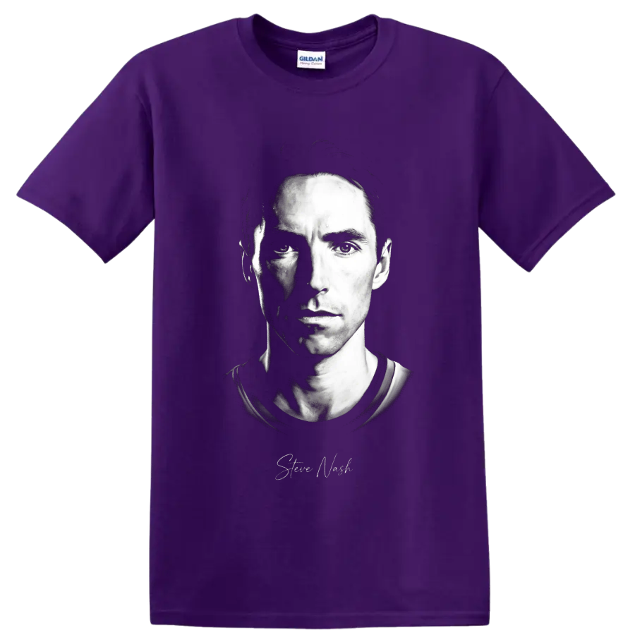 Steve Nash black-and-white split-shadow portrait with script signature on a Purple T Shirt