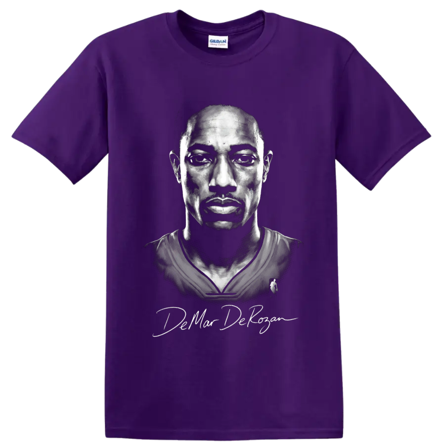 DeMar DeRozan monochrome basketball portrait with signature-style lettering on a Purple T Shirt
