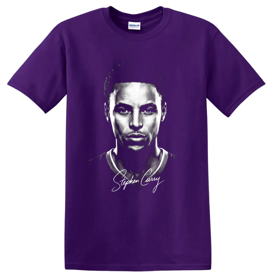 Monochrome Stephen Curry basketball portrait with signature-style script on a Purple T Shirt