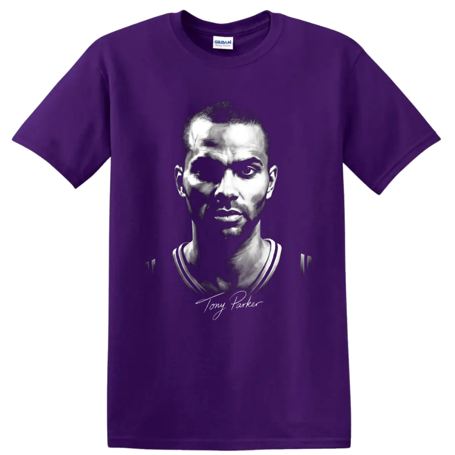 Tony Parker monochrome basketball portrait with signature-style script on a Purple T Shirt