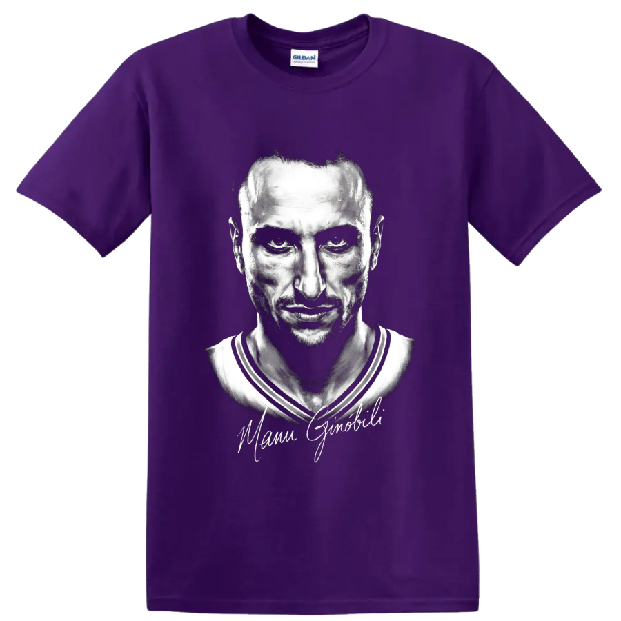 Monochrome Manu Ginobili basketball portrait with signature-style script on a Purple T Shirt