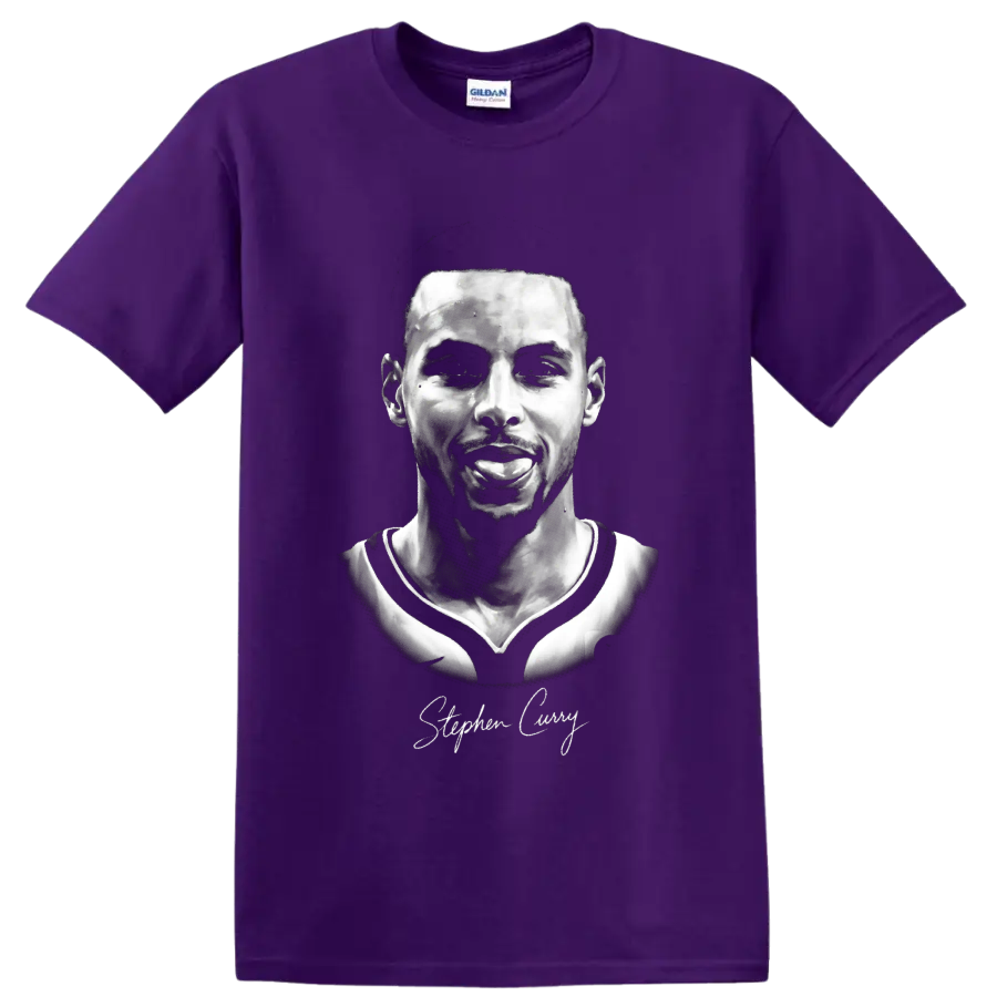Stephen Curry monochrome basketball portrait with signature-style script on a Purple T Shirt