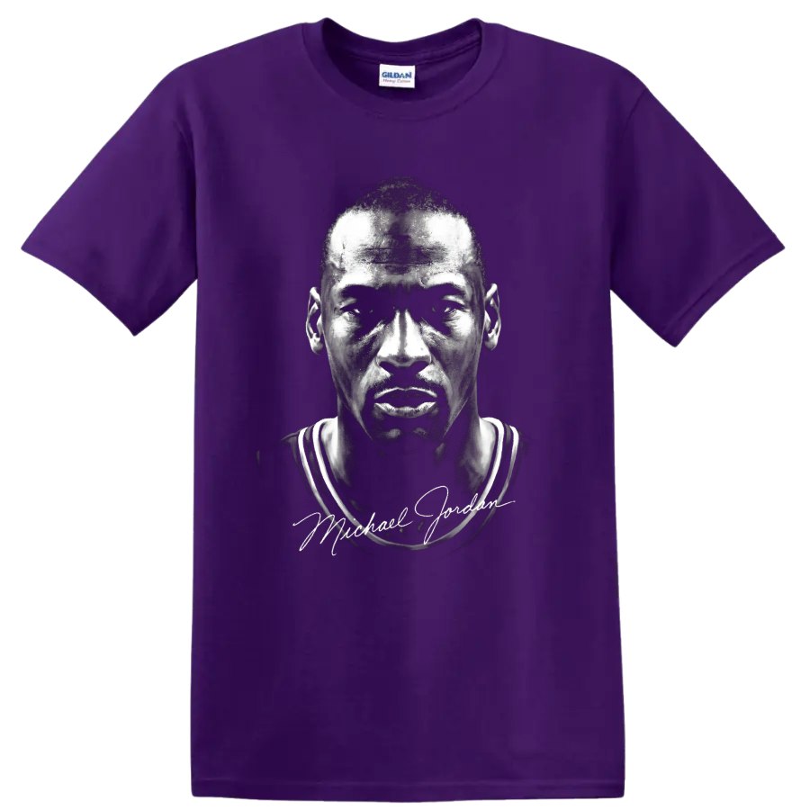 Michael Jordan Chicago Bulls No. 23 monochrome portrait with signature-style text on a Purple T Shirt
