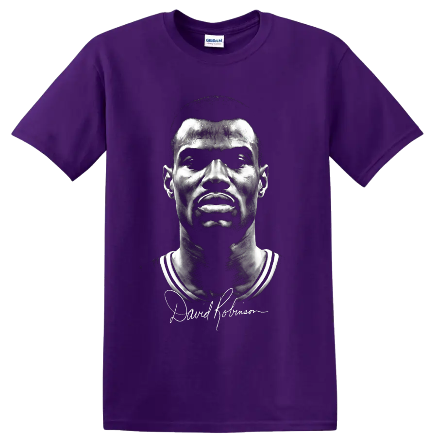 David Robinson No. 50 black-and-white basketball portrait with signature-style graphic on a Purple T Shirt