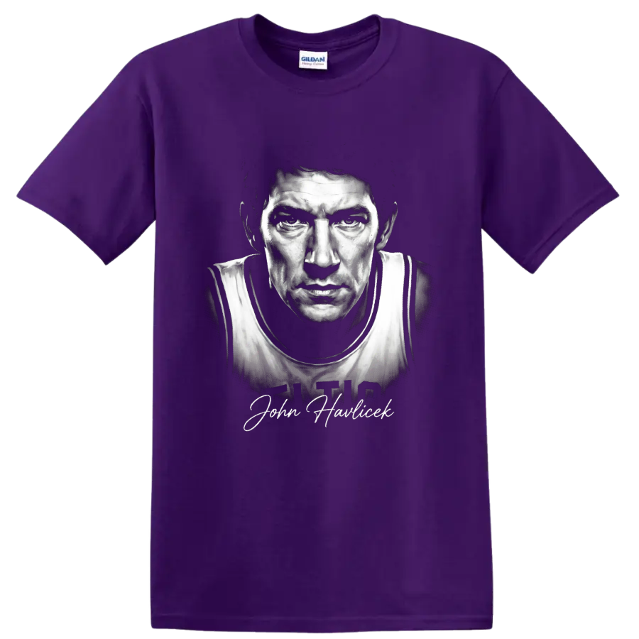 Black-and-white John Havlicek No. 17 basketball portrait with signature-style name on a Purple T Shirt