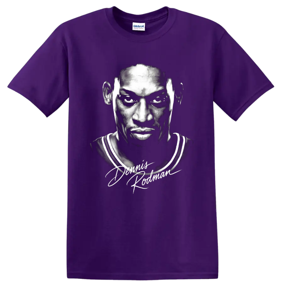 Monochrome Dennis Rodman Chicago Bulls No. 91 portrait with scripted signature on a Purple T Shirt