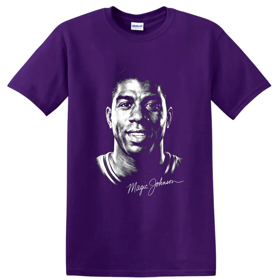 Magic Johnson black-and-white portrait with signature-style script on a Purple T Shirt