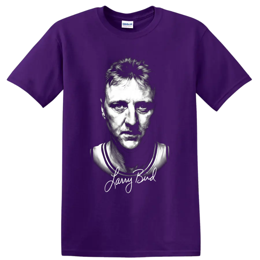 Larry Bird black-and-white basketball portrait with signature-style lettering on a Purple T Shirt