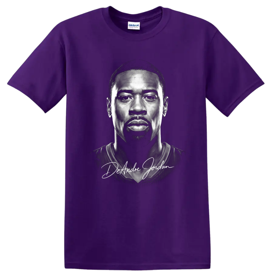 Monochrome DeAndre Jordan portrait with signature-style name lettering on a Purple T Shirt