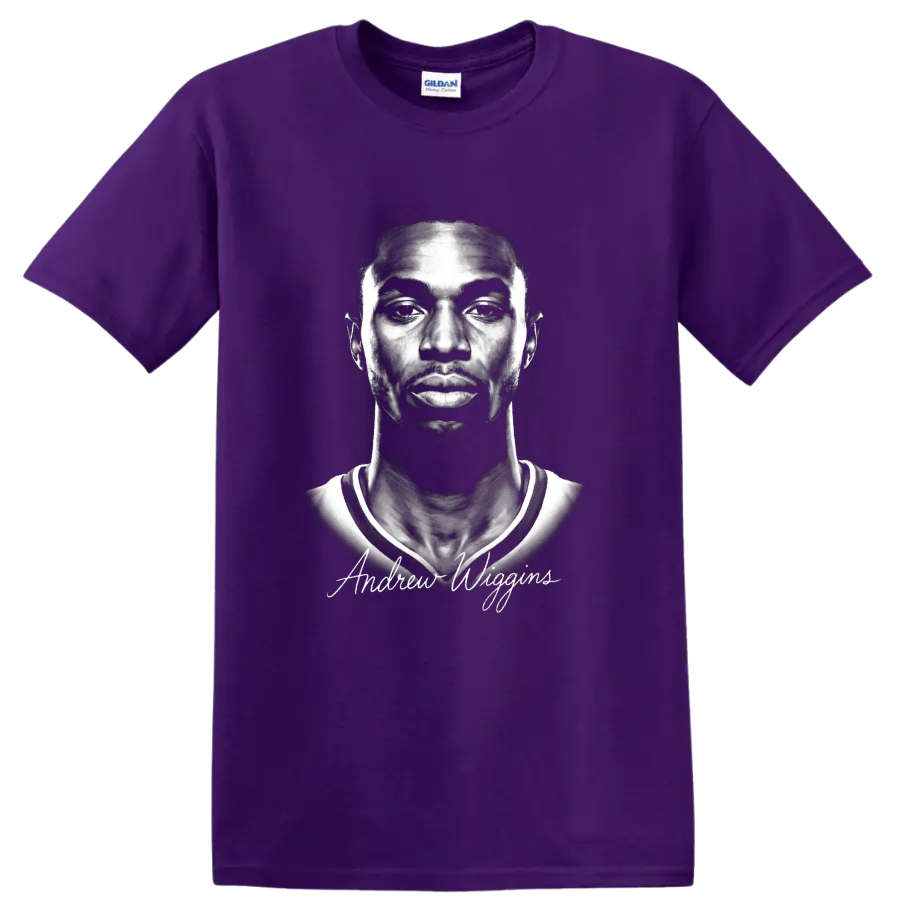 Andrew Wiggins monochrome basketball portrait with signature-style lettering on a Purple T Shirt