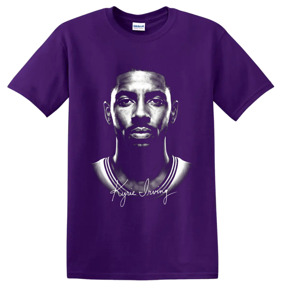 Kyrie Irving Cleveland Cavaliers #2 monochrome portrait with signature-style lettering on a Purple T Shirt