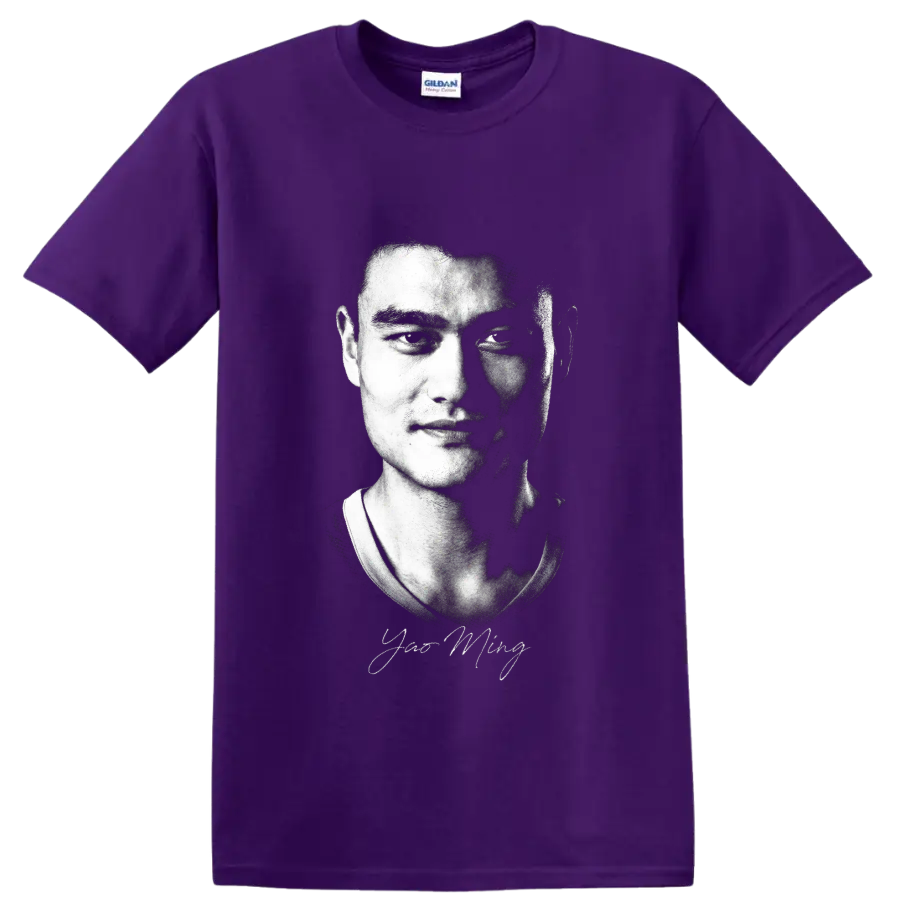 Yao Ming black-and-white halftone portrait with signature-style detail on a Purple T Shirt
