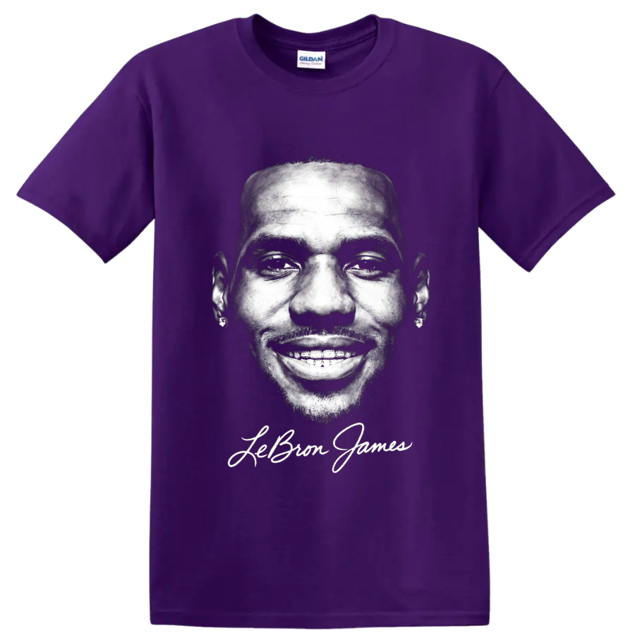 Monochrome LeBron James portrait with signature-style name lettering on a Purple T Shirt