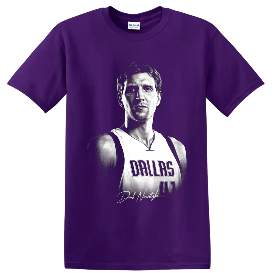 Black-and-white Dirk Nowitzki Dallas Mavericks number 41 portrait with signature detail on a Purple T Shirt