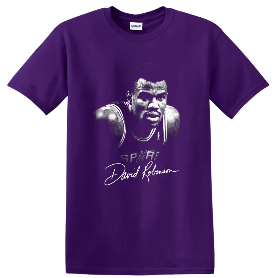 Gritty black-and-white David Robinson Spurs Number 50 basketball portrait with signature on a Purple T Shirt