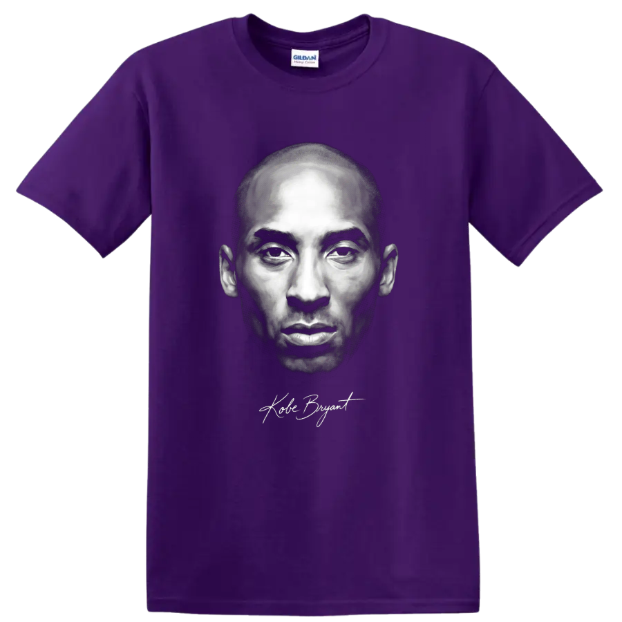 Kobe Bryant black-and-white portrait graphic with signature-style script on a Purple T Shirt