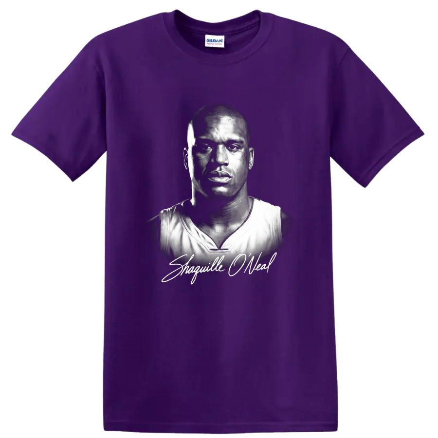 Monochrome Shaquille O'Neal basketball portrait with signature-style script on a Purple T Shirt