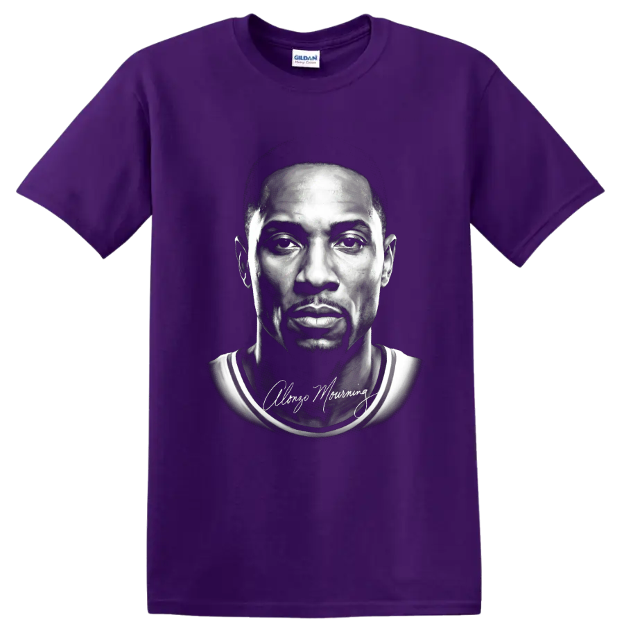 Monochrome Alonzo Mourning Miami Heat No. 33 basketball portrait with signature on a Purple T Shirt