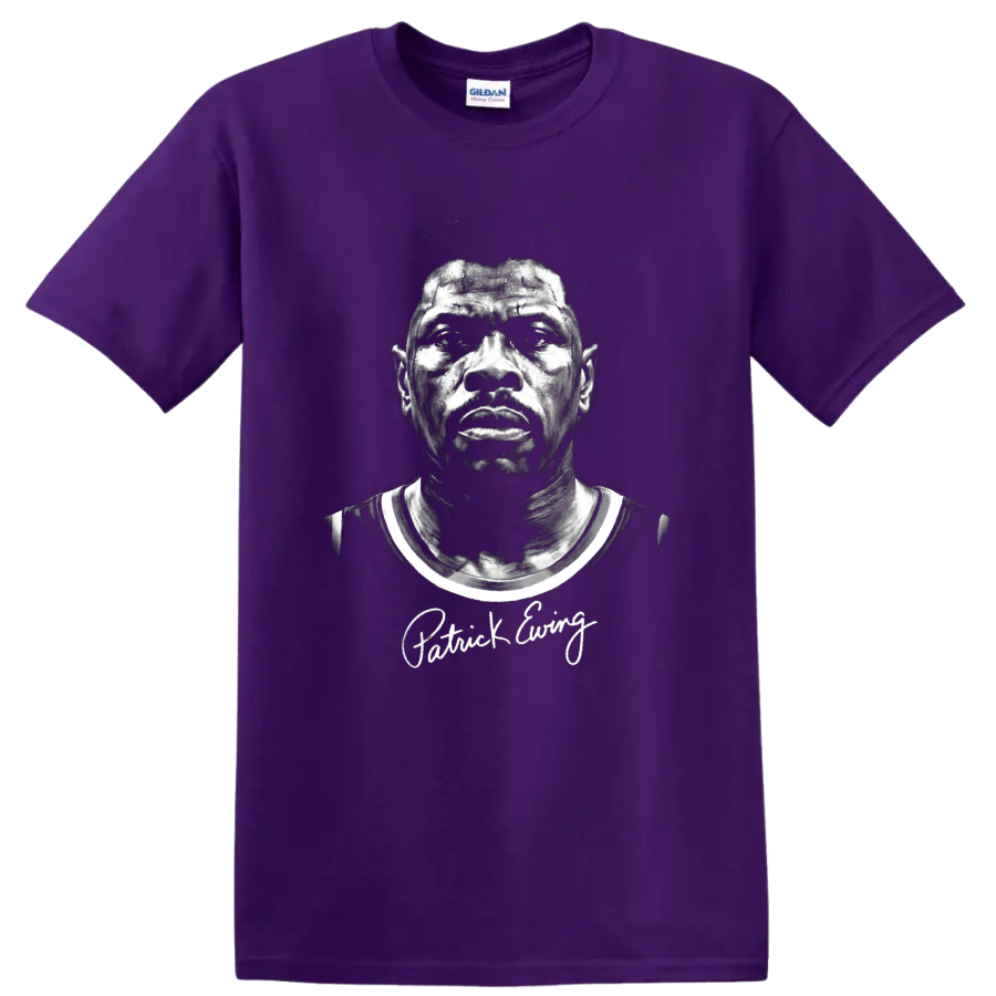 Monochrome Patrick Ewing basketball portrait with distressed vintage sports styling on a Purple T Shirt
