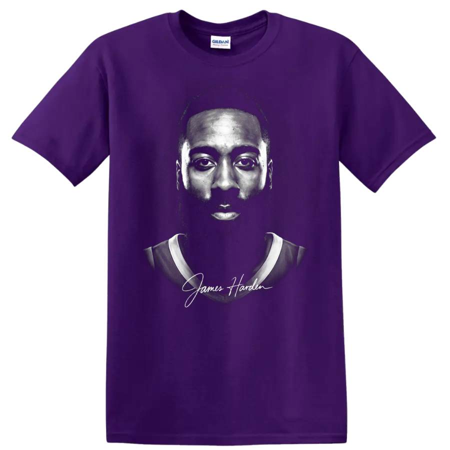James Harden monochrome basketball portrait with script signature on a Purple T Shirt
