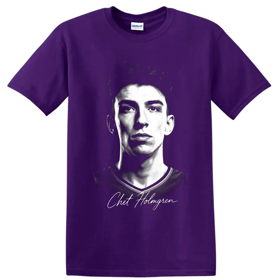 Chet Holmgren black-and-white basketball portrait with signature-style name text on a Purple T Shirt