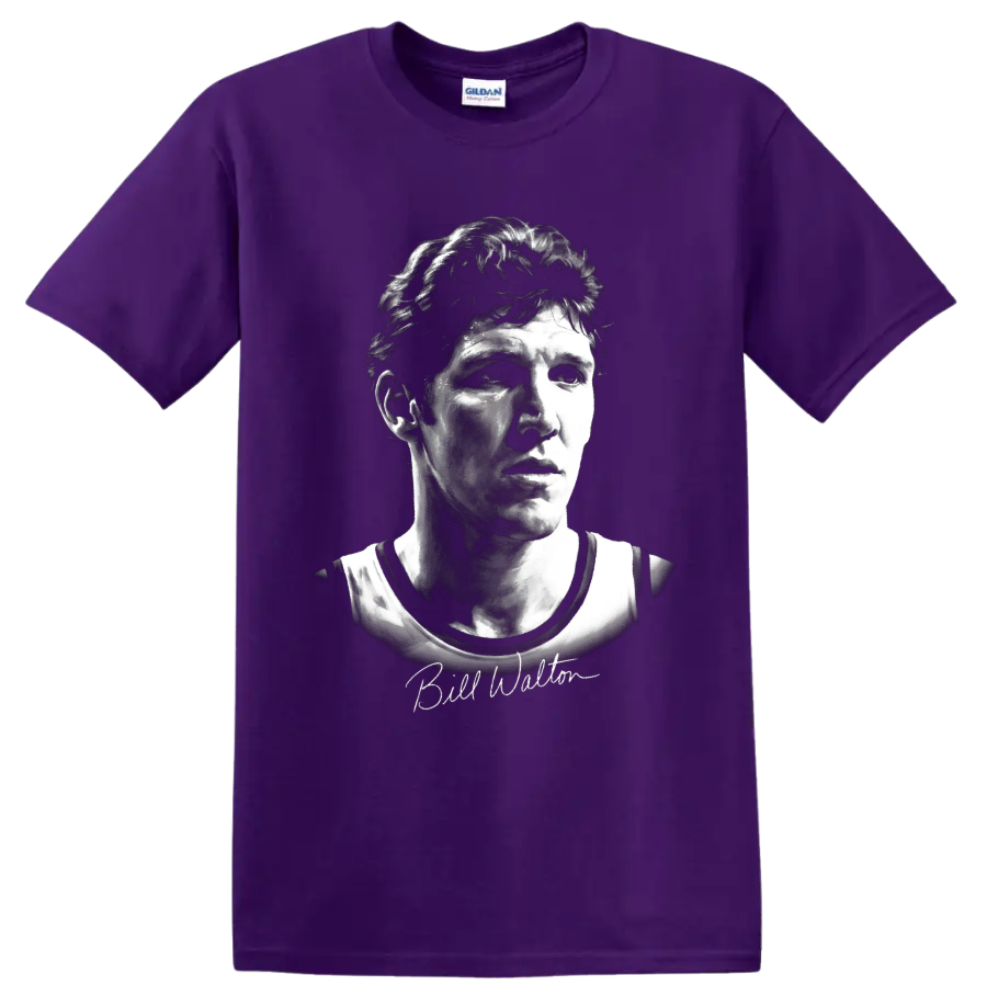 Black-and-white Bill Walton basketball portrait with signature-style script on a Purple T Shirt