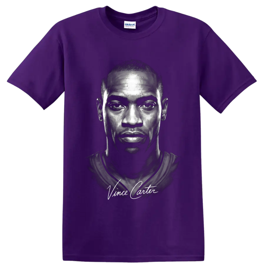 High-contrast Vince Carter portrait with signature-style lettering on a Purple T Shirt