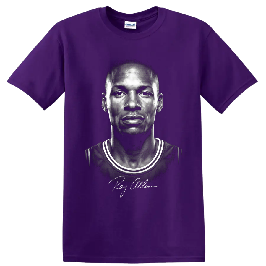 Monochrome Ray Allen Boston Celtics No. 20 basketball portrait with signature on a Purple T Shirt