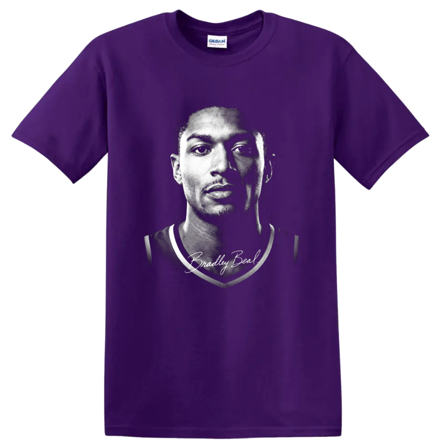 Bradley Beal black-and-white basketball portrait with signature-style lettering on a Purple T Shirt