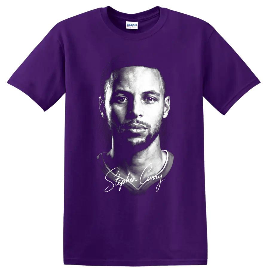 Stephen Curry black-and-white portrait with cursive signature on a Purple T Shirt