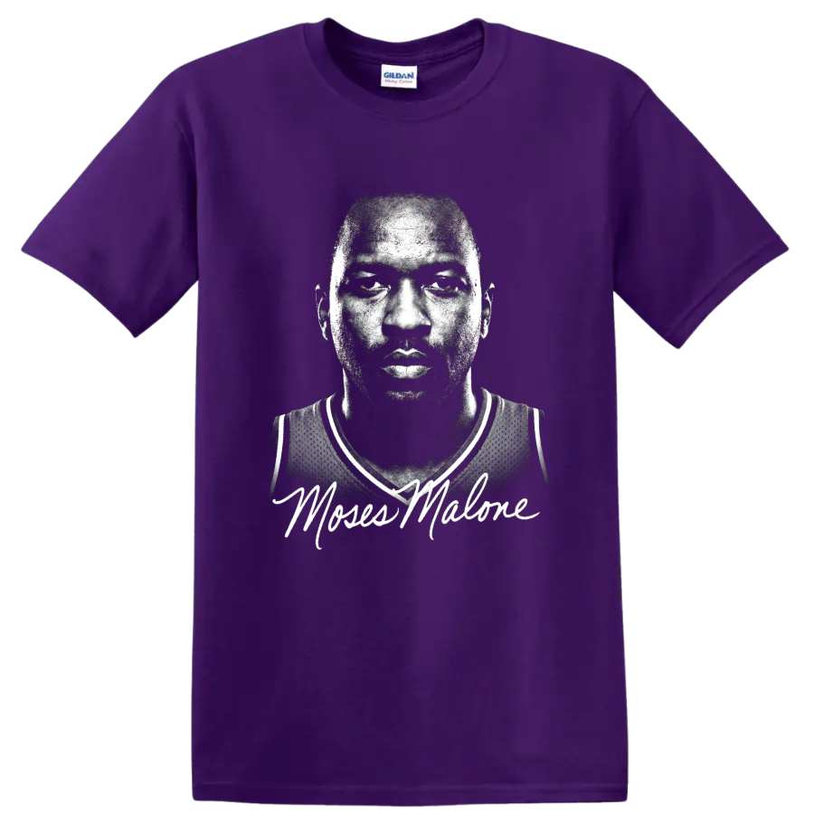 Moses Malone black-and-white halftone basketball portrait with signature-style script on a Purple T Shirt