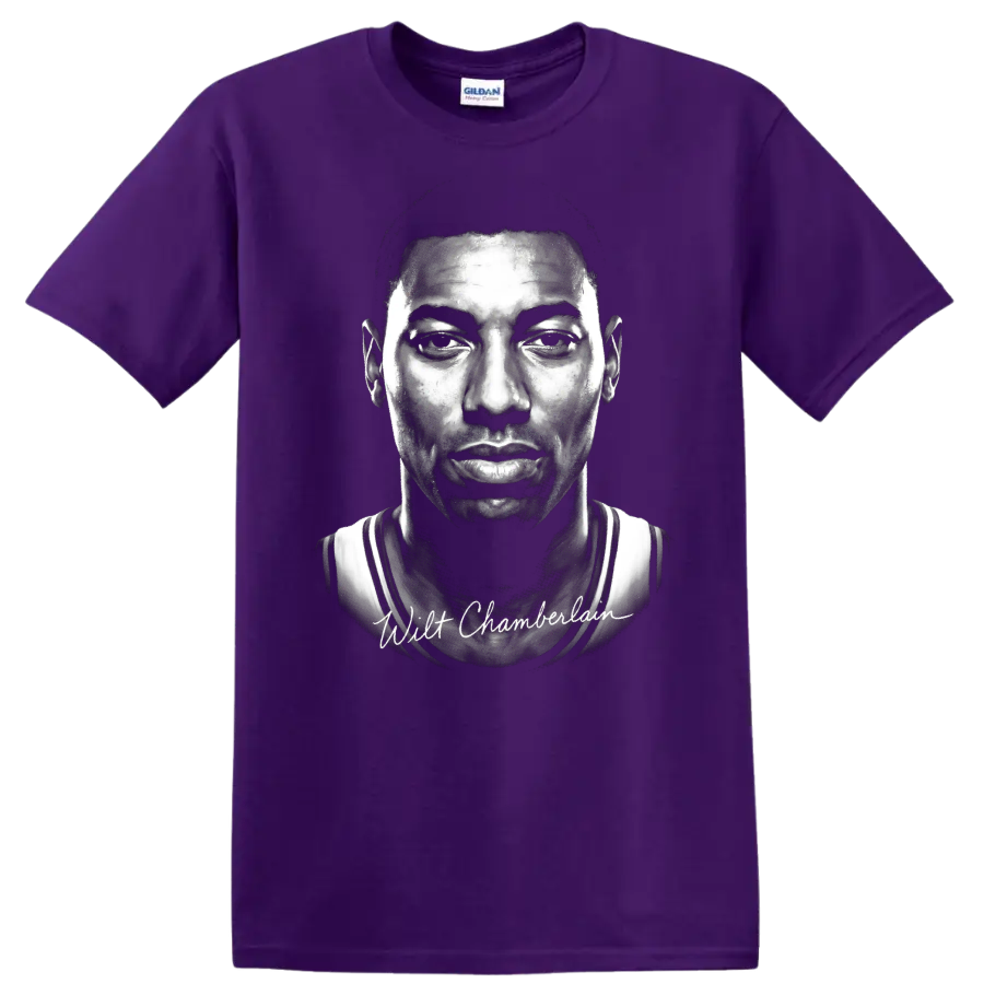Wilt Chamberlain black-and-white basketball portrait with signature-style text on a Purple T Shirt