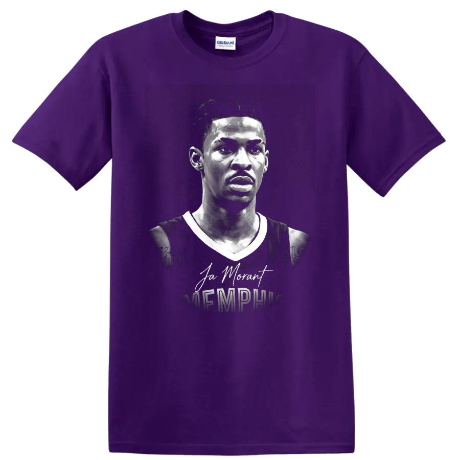 Ja Morant Memphis basketball portrait with signature and Memphis lettering on a Purple T Shirt
