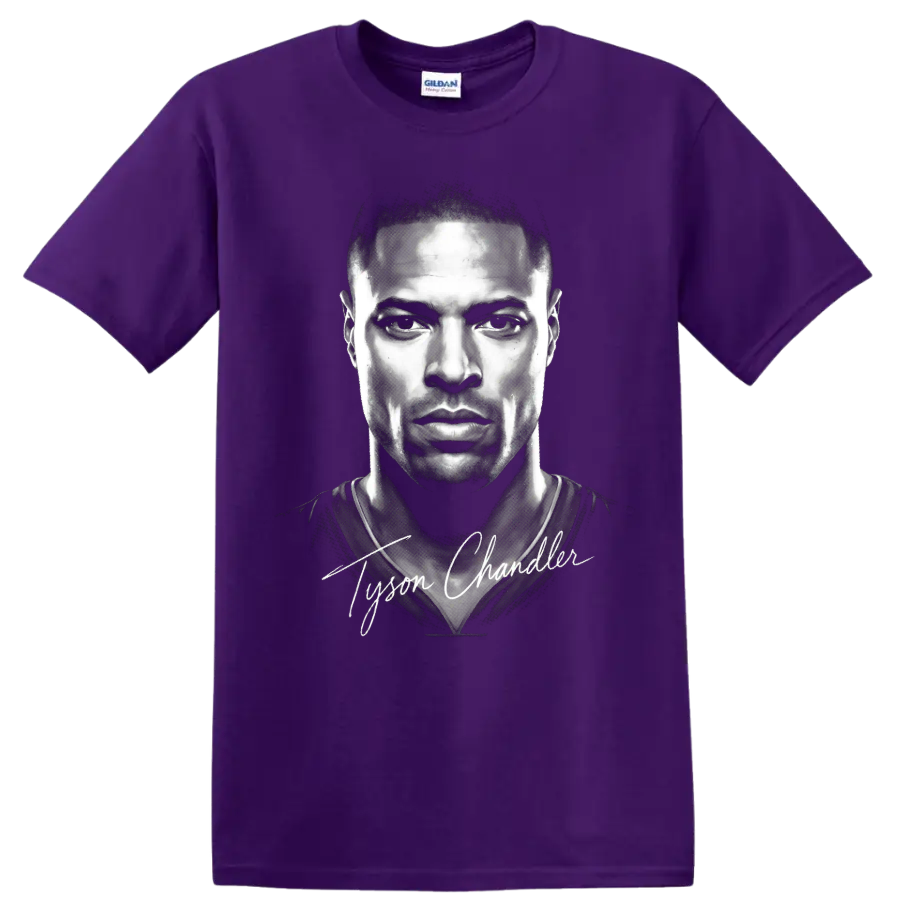 Grayscale Tyson Chandler basketball portrait with white signature script on a Purple T Shirt