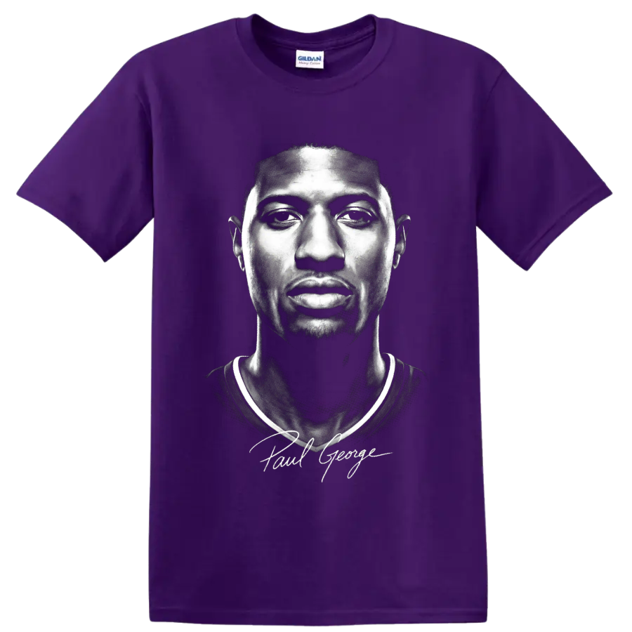 Black-and-white Paul George basketball portrait with signature-style script on a Purple T Shirt