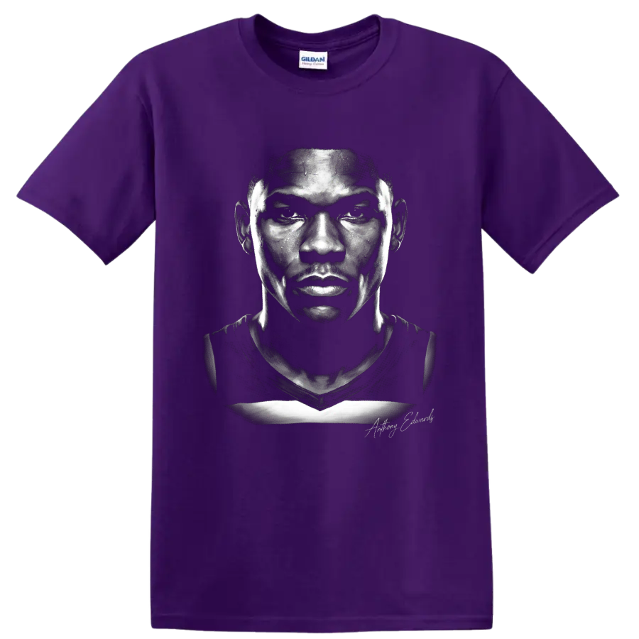 Monochrome Anthony Edwards Minnesota Timberwolves No. 5 portrait illustration on a Purple T Shirt