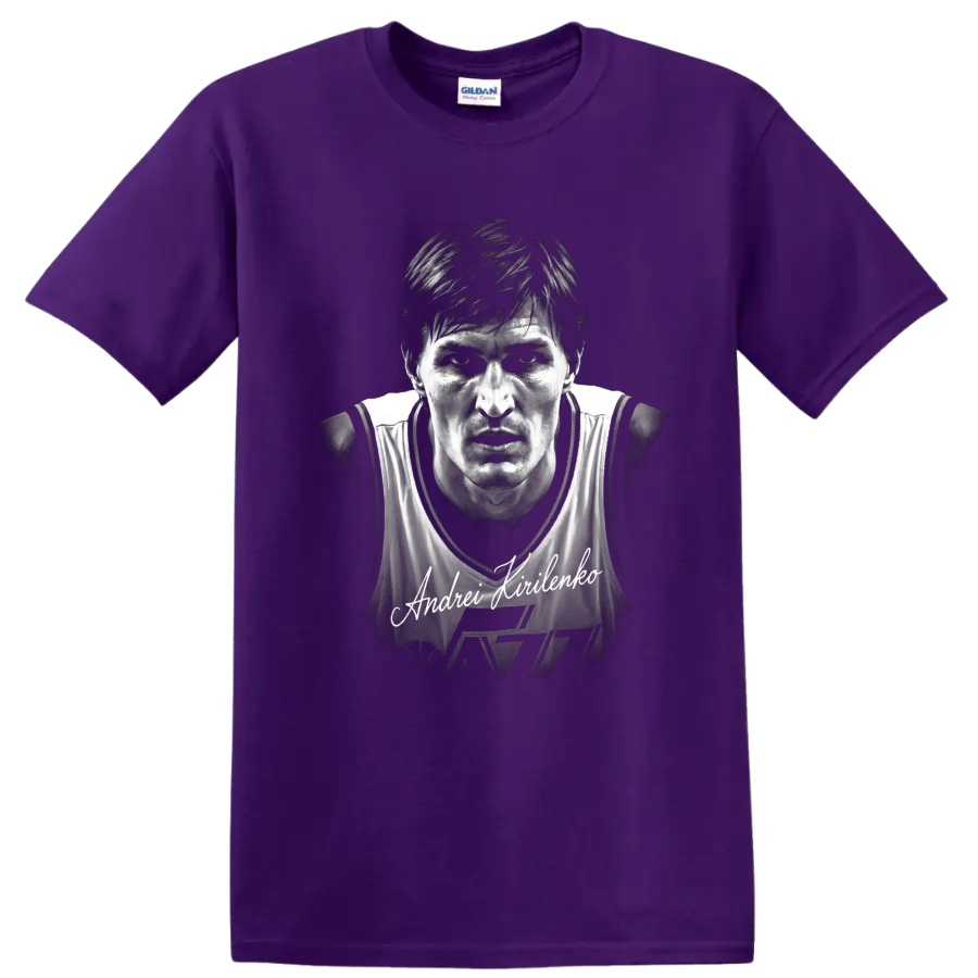 Andrei Kirilenko Utah Jazz No. 47 monochrome basketball portrait with signature on a Purple T Shirt