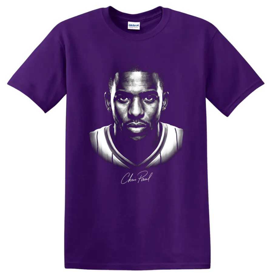 Chris Paul Los Angeles Clippers No. 3 black-and-white basketball portrait artwork on a Purple T Shirt