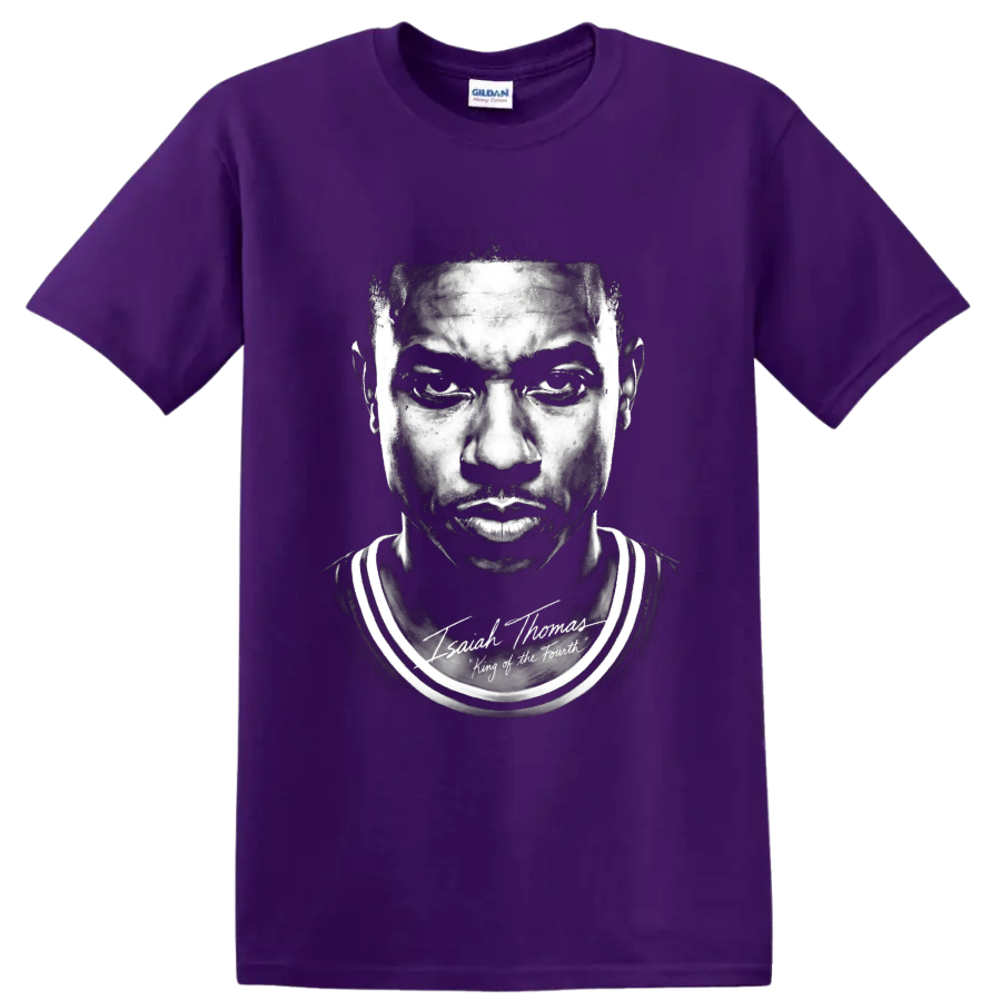 Monochrome Isiah Thomas Detroit Pistons No. 11 portrait with signature-style lettering on a Purple T Shirt